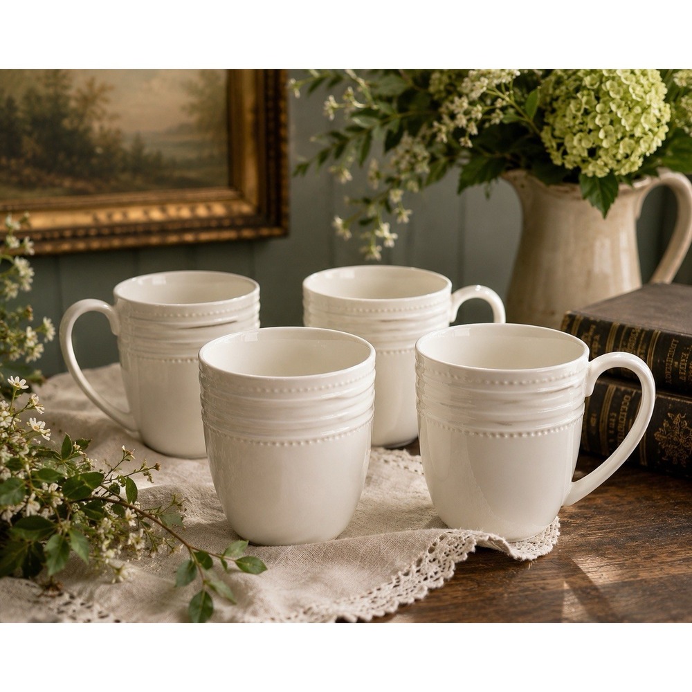 Mikasa Kamryn Vegan Bone China White Coffee Mugs Set of 4 Beaded 4" 13.5 Ounce